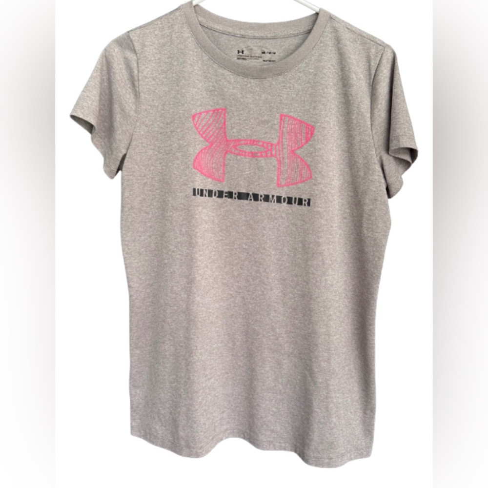 Under Armour Women’s Heather Gray Tee with Pink Logo Medium EUC